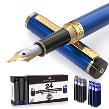 Dryden Designs Fountain Pen - Medium Nib | Includes 24 Ink Cartridges (12 Black 12 Blue) and Ink Ref...