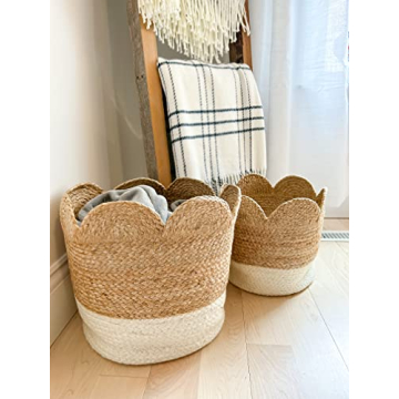 Mud Pie Scalloped Edge Jute Basket Set for Home Storage