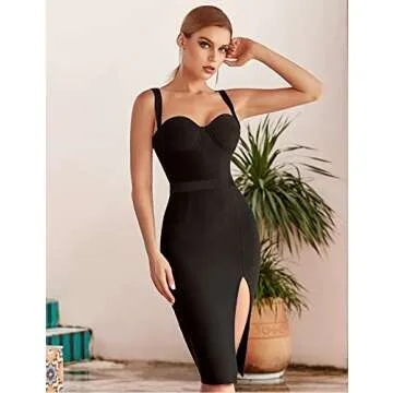 L'VOW Women's Sexy Side Split Midi Sheath Dress Sweetheart Padded Underwire Bandage Bodycon Dress(Black,X-Large)