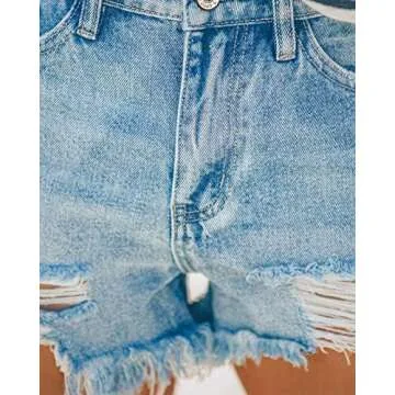 HOCAIES Women's Juniors Jean Shorts Frayed Raw Hem Ripped Denim Shorts for Women (6, New Denim-06)