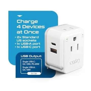 Ceptics World Power Plug Adapter Set, Dual USB & USB-C 3.1A, 20W with QC-PD, 2 USA Outlet Compact & Powerful, Use In Europe, Asia, Australia, Japan, Includes Type A, B, C, E/F, G, I SWadAPt Attachment