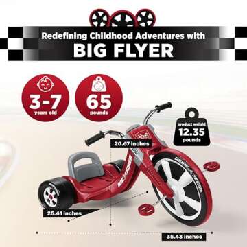 Radio Flyer Deluxe Big Flyer 16 Inch Big Front Wheel Chopper Style Tricycle with Adjustable Seat Recommended for Ages 3 to 7, Red
