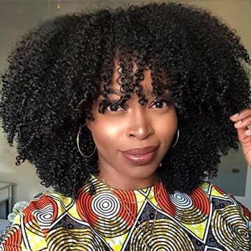 ARUKIHAIR Afro Kinky Curly Wig With Bangs Full Machine Made Scalp Top Wig 200 Density Virgin Brazilian Short Curly Human Hair Wigs Natural Color 16 inch