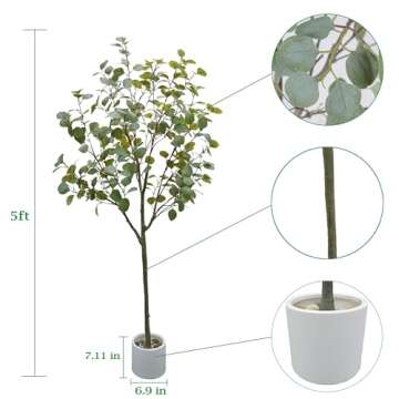 Homeplants Artificial Eucalyptus Tree, 5ft Fake Silver Dollar Leaves Plant with White Pot, Silk Faux Tree for Indoor House Office Home Living Room Floor Décor