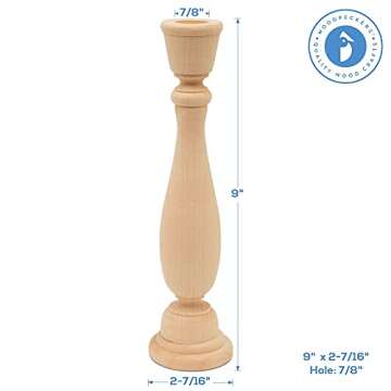 Woodpeckers Unfinished Wood Candlestick Holders 9 inch Tall with 7/8 inch Hole, Set of 2 Classic Craft Candlesticks to Paint or Decorate