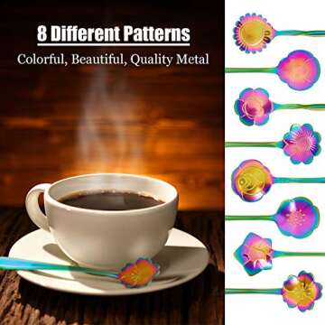 Chengu 8 Pieces Flower Coffee Spoons Stainless Steel Sugar Spoons Creative Tableware Set Stir Bar Flower Stirring Teaspoon, 8 Different Patterns(Rainbow Color)