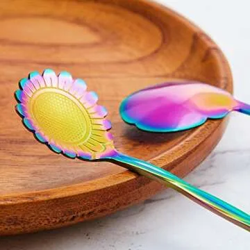 Chengu 8 Pieces Flower Coffee Spoons Stainless Steel Sugar Spoons Creative Tableware Set Stir Bar Flower Stirring Teaspoon, 8 Different Patterns(Rainbow Color)