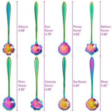 Chengu 8 Pieces Flower Coffee Spoons Stainless Steel Sugar Spoons Creative Tableware Set Stir Bar Flower Stirring Teaspoon, 8 Different Patterns(Rainbow Color)