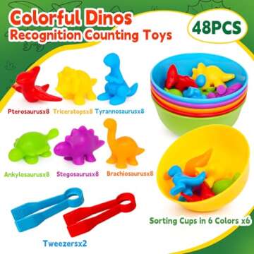 FQKIOMY Counting Dinosaur Color Sorting Toys for Toddlers Ages 1-3, Montessori Preschool Learning Ac...