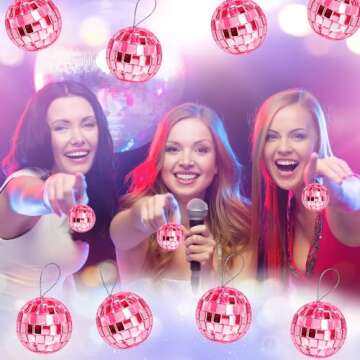 Newmemo Pink Disco Ball 24 Pcs Hanging Mirror Disco Balls Pink Mini Disco Balls Ornaments Reflective Mirror Ball Cake Decoration with Rope Christmas Tree Wedding Dance Music Festivals Decor