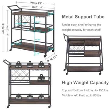 FATORRI Bar Cart for The Home with Wine Rack and Glasses Holder, Small Home Bar Serving Cart on Wheels for Liquor and Alcohol (Walnut Brown)