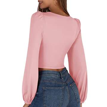 GUBERRY Pink Crop Top Trendy V Neck Lantern Long Sleeve Slim Fitted Cropped Tops for Women(Medium,Pink)