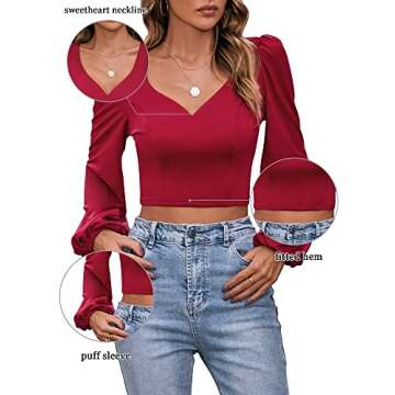 GUBERRY Pink Crop Top Trendy V Neck Lantern Long Sleeve Slim Fitted Cropped Tops for Women(Medium,Pink)