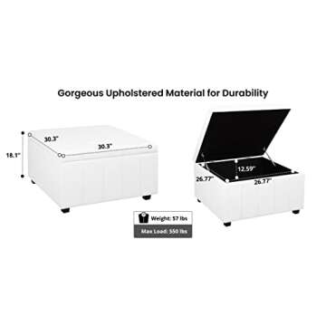 Celine 31" Large Tufted Storage Ottoman with Removable Lid and Storage, Upholstered Square Ottoman Cube Bench / Footrest / Coffee Table, Perfect for Living Room, Bedroom, Entryway, Dorm Room - White