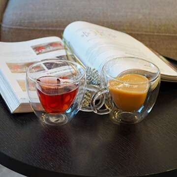 VARWANEO Heart Shaped Cup Double walled Insulated Clear Glass cute coffee Mugs or Tea Cups Double Wall Heart Mugs Glass cups (8 oz) Set of 2 - Clear Unique & Insulated with Handle