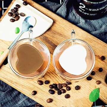 VARWANEO Heart Shaped Cup Double walled Insulated Clear Glass cute coffee Mugs or Tea Cups Double Wall Heart Mugs Glass cups (8 oz) Set of 2 - Clear Unique & Insulated with Handle