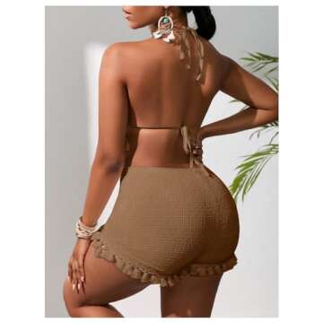 BEAUDRM Women's 2 Piece Outfits Tassel Trim Backless Halter Crop Top and Elastic Waist Shorts Sets Brown Small