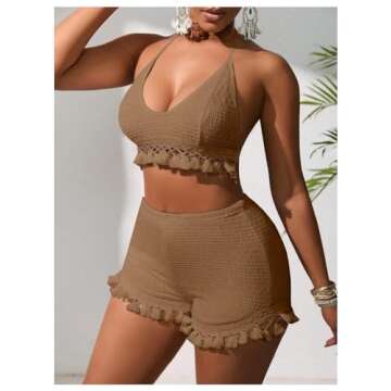 BEAUDRM Women's 2 Piece Outfits Tassel Trim Backless Halter Crop Top and Elastic Waist Shorts Sets Brown Small