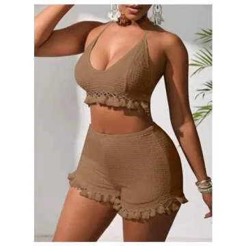 BEAUDRM Women's Tassel Trim Halter Crop Outfit