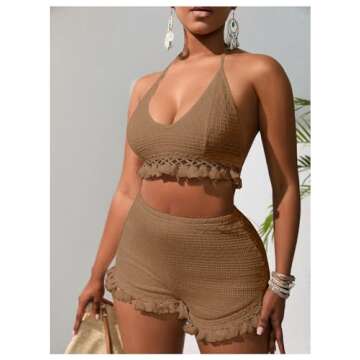 BEAUDRM Women's 2 Piece Outfits Tassel Trim Backless Halter Crop Top and Elastic Waist Shorts Sets Brown Small