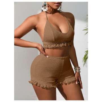 BEAUDRM Women's 2 Piece Outfits Tassel Trim Backless Halter Crop Top and Elastic Waist Shorts Sets Brown Small