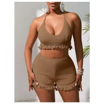 BEAUDRM Women's Tassel Trim Halter Crop Outfit