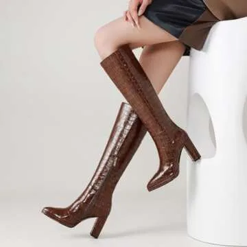 AIUNIIND Knee High Boots Women Platform Chunky Go Go Boots Pointed Toe Tall Boots Fashion Long Boots Block High Heels Side Zip Brown 9.5