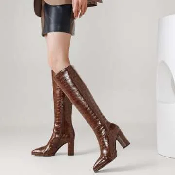 AIUNIIND Knee High Boots Women Platform Chunky Go Go Boots Pointed Toe Tall Boots Fashion Long Boots Block High Heels Side Zip Brown 9.5