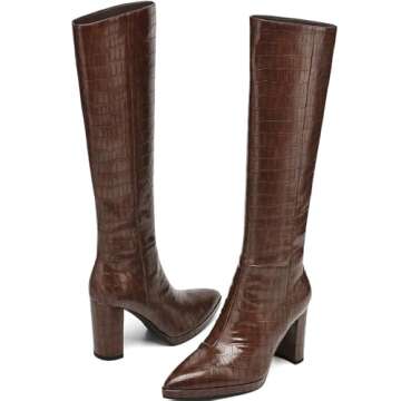 AIUNIIND Knee High Boots Women Platform Chunky Go Go Boots Pointed Toe Tall Boots Fashion Long Boots Block High Heels Side Zip Brown 9.5