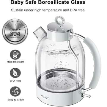 ASCOT Electric Kettle, Glass Electric Tea Kettle Gifts for Men/Women/Family 1.5L 1500W Borosilicate Glass Tea Heater, with Auto Shut-Off and Boil-Dry Protection (Polar White)