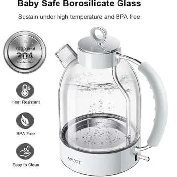ASCOT Electric Kettle, Glass Electric Tea Kettle Gifts for Men/Women/Family 1.5L 1500W Borosilicate Glass Tea Heater, with Auto Shut-Off and Boil-Dry Protection (Polar White)
