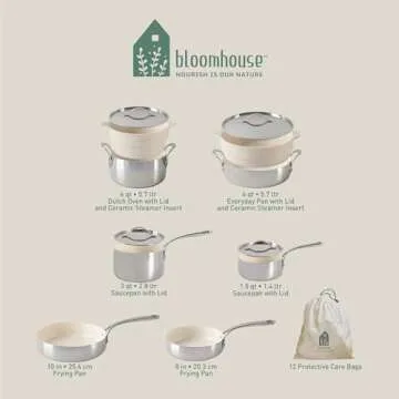 Bloomhouse - Oprah's Favorite Things - 12 Piece Triply Stainless Steel Pots and Pans Cookware Set w/Non-Stick Non-Toxic Ceramic Interior, Ceramic Steamer Inserts, & 12 Protective Care Bags