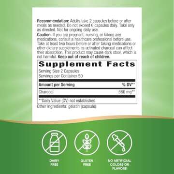 Nature's Way Activated Charcoal, Binds Unwanted Materials and Gas in the Digestive Tract*, 560 mg per 2-Capsule Serving, 100 Capsules (Packaging May Vary)