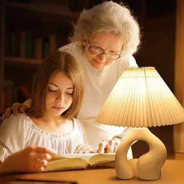 ArtCredit Pleated Ceramic Table Lamp for Bedroom - 3 Way Dimmable, with USB Port & 3W LED - Touch Control Modern Lamp with Ceramic Base and Pleated Lampshade, Perfect for Living Room & Home Decor