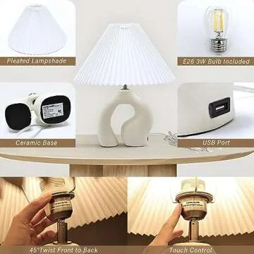 ArtCredit Pleated Ceramic Table Lamp for Bedroom - 3 Way Dimmable, with USB Port & 3W LED - Touch Control Modern Lamp with Ceramic Base and Pleated Lampshade, Perfect for Living Room & Home Decor
