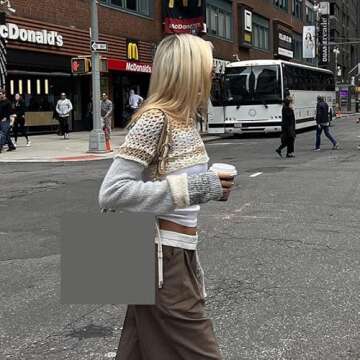 Y2k Patchwork Crop Top Knitted Long Sleeve T Shirt Sun Protection Breathable Cardigan Crochet Tee Summer Patched Tops Gray