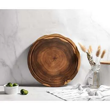 linoroso Round Cutting Board, Exquisite Non-Splicing Acacia Wood Cheese Board, Reversible Round (Dia. 12inch) Charcuterie Boards with Juice Groove (Non-Exact Round, Follows Actual Shape of wood)