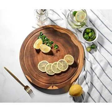 linoroso Round Cutting Board, Exquisite Non-Splicing Acacia Wood Cheese Board, Reversible Round (Dia. 12inch) Charcuterie Boards with Juice Groove (Non-Exact Round, Follows Actual Shape of wood)