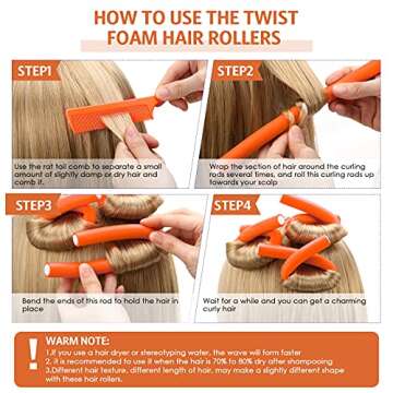 Syhood 30 Pieces Flexible Curling Rods, Soft Foam No Heat Hair Rollers and 1 Steel Pintail Comb for Women Girls Long and Short Hair, Orange