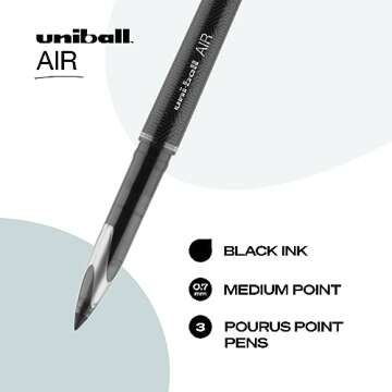 Uni-Ball AIR Rollerball Pens Fine Point, 0.7mm, Black, 3 Pack