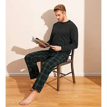 LAPASA Men's Pajama Set 100% Cotton Flannel Top Long Sleeve & Bottom Pants Plaid Sleepwear PJ Sleepwear Lounge Comfy M79 Medium (Cotton Top+flannel Bottom) Green&navy Plaid