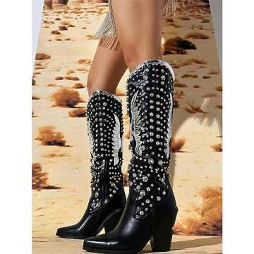 WIRALOMI Rhinestone Cowboy Boots for Women Eagle Parttern Cowgirl Boots Chunky Heel Knee High Western Long Boots