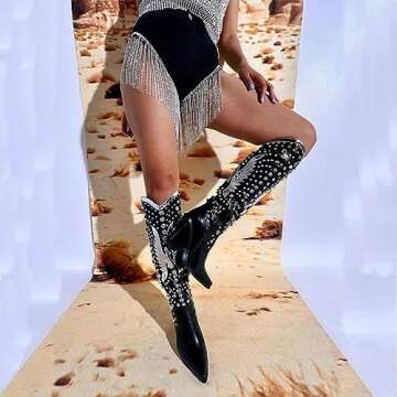 WIRALOMI Rhinestone Cowboy Boots for Women Eagle Parttern Cowgirl Boots Chunky Heel Knee High Western Long Boots