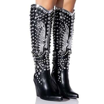 WIRALOMI Rhinestone Cowboy Boots for Women Eagle Parttern Cowgirl Boots Chunky Heel Knee High Western Long Boots