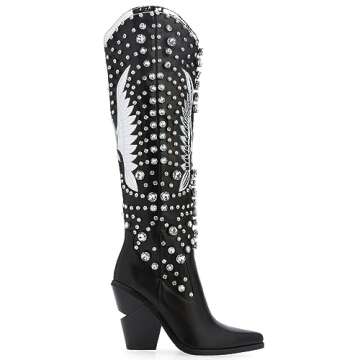 WIRALOMI Rhinestone Cowboy Boots for Women Eagle Parttern Cowgirl Boots Chunky Heel Knee High Western Long Boots