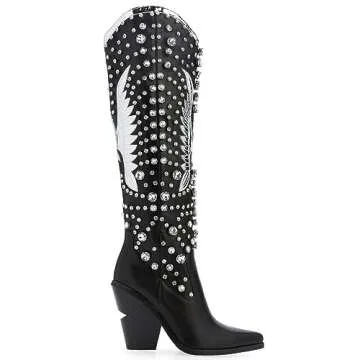 WIRALOMI Rhinestone Cowboy Boots for Women Eagle Parttern Cowgirl Boots Chunky Heel Knee High Western Long Boots