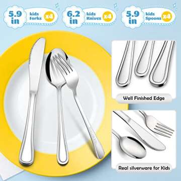 E-far 12-Piece Kids Silverware, Stainless Steel Toddler Kids Utensils Safe for Preschooler/Children, Includes 4 Forks 4 Spoons 4 Knife, Slimline Adult Look & Small Size, Rust Free & Dishwasher Safe