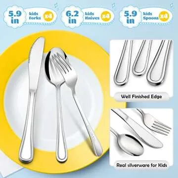 E-far 12-Piece Kids Silverware, Stainless Steel Toddler Kids Utensils Safe for Preschooler/Children, Includes 4 Forks 4 Spoons 4 Knife, Slimline Adult Look & Small Size, Rust Free & Dishwasher Safe