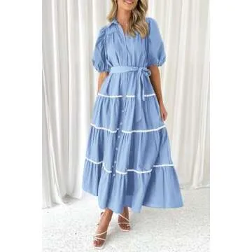 PRETTYGARDEN Women's Summer Button Down Shirt Dress Short Puffy Sleeve Tiered Ruffle Flowy Long Maxi Dresses (Light Blue,Medium)