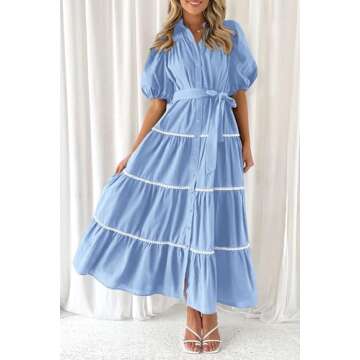 PRETTYGARDEN Women's Summer Button Down Shirt Dress Short Puffy Sleeve Tiered Ruffle Flowy Long Maxi Dresses (Light Blue,Medium)
